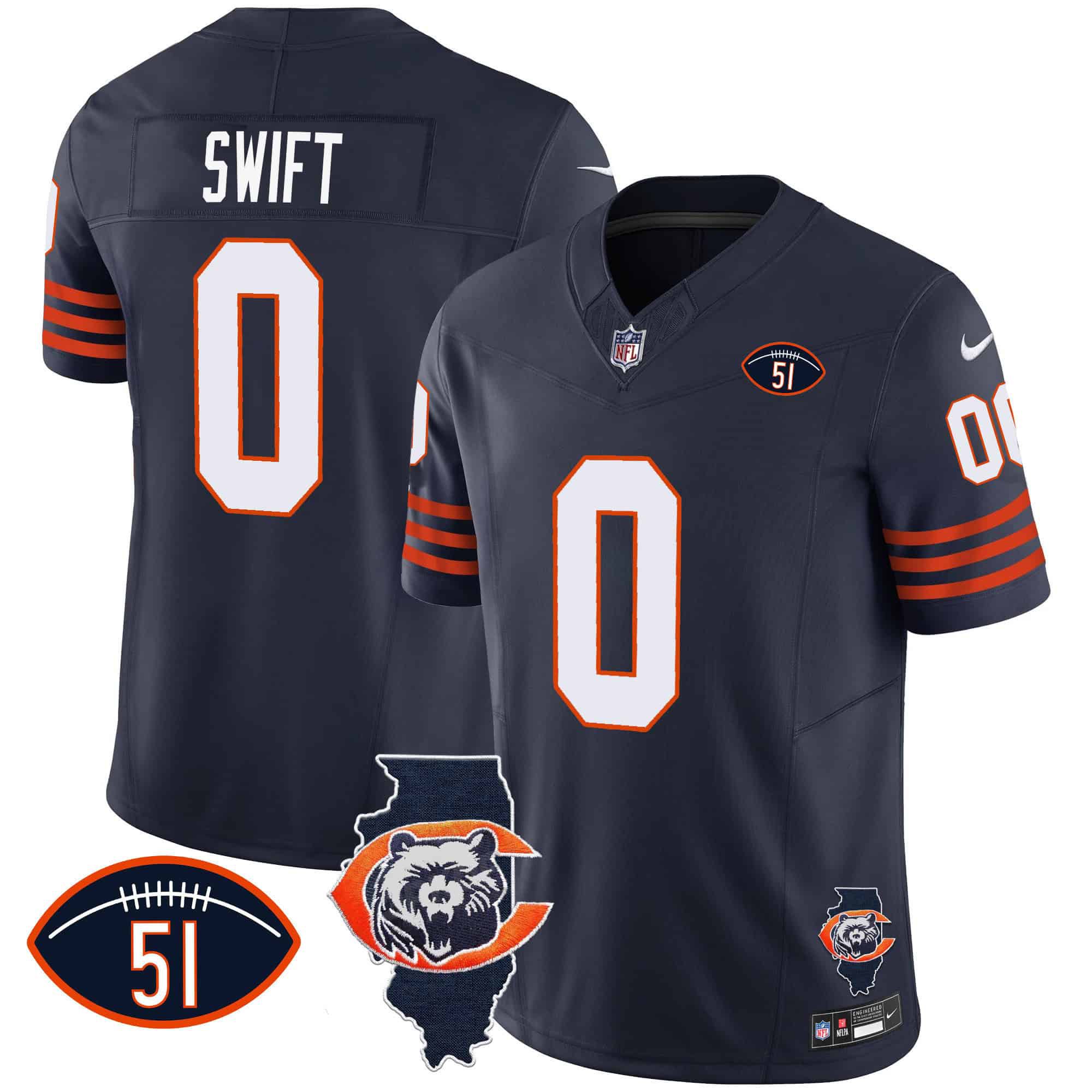 Men Chicago Bears #0 Swift Blue 2024 Nike Throwback Illinois Patch Vapor NFL Jersey style 1